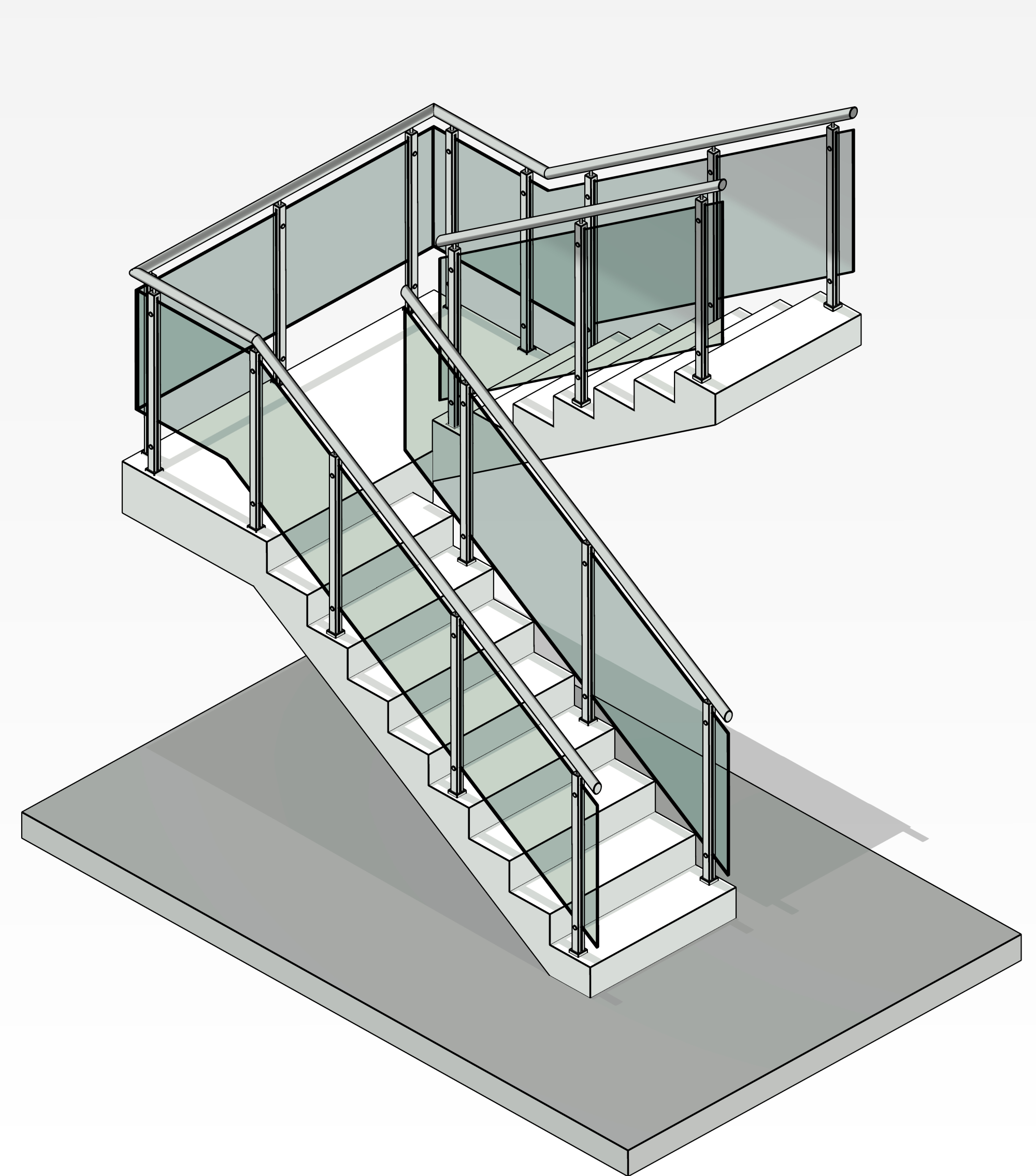 Guarda-corpo de vidro com coluna torre alta e corrimão redondo aéreo inox h10